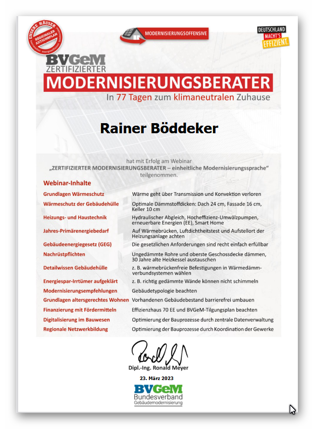 Zertifikat Modernisierungsberater Rainer Böddeker
