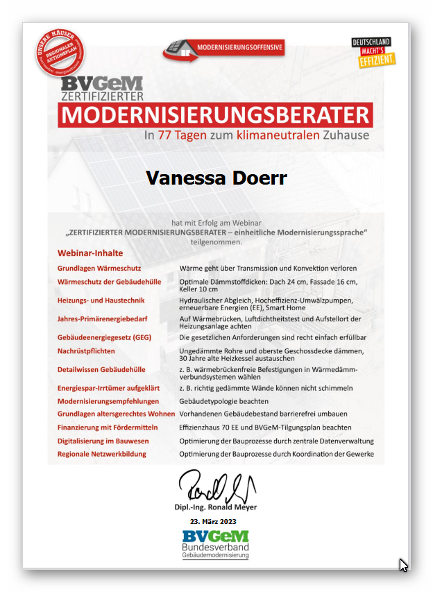 Zertifikat Modernisierungsberaterin Vanessa Doerr