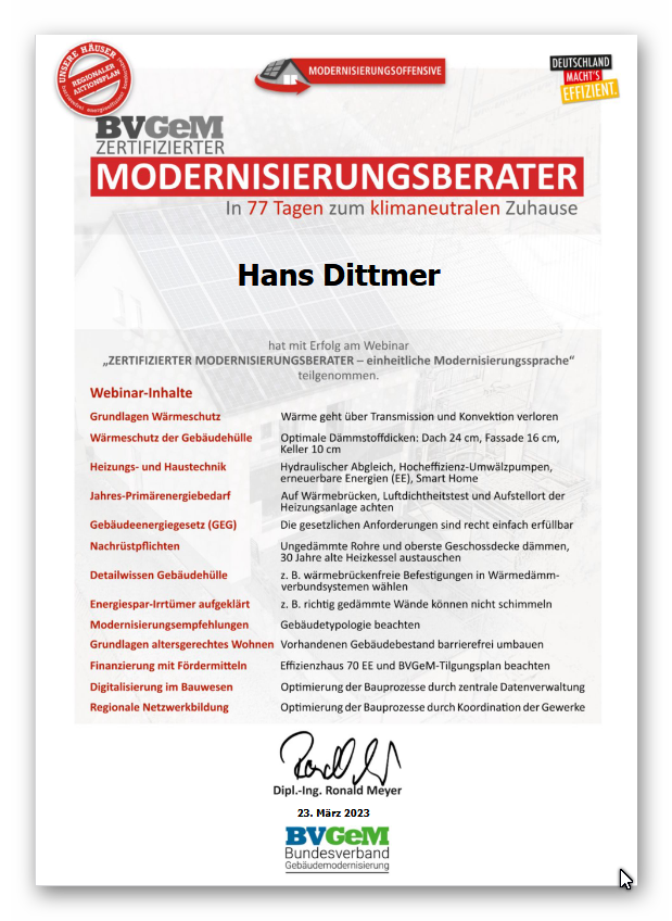 Zertifikat Modernisierungsberater Hans Dittmer