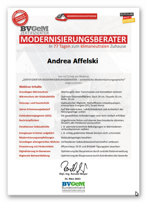 Zertifikat Modernisierungsberaterin Andrea Affelski