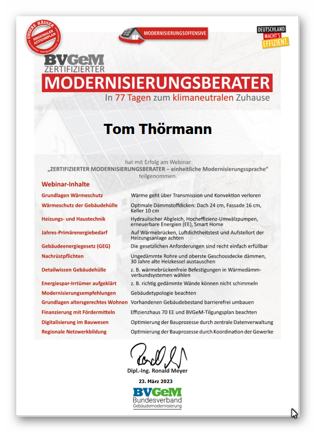 Zertifikat Modernisierungsberater Tom Thörmann