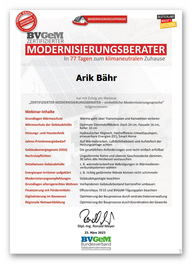 Zertifikat Modernisierungsberater Arik Bähr